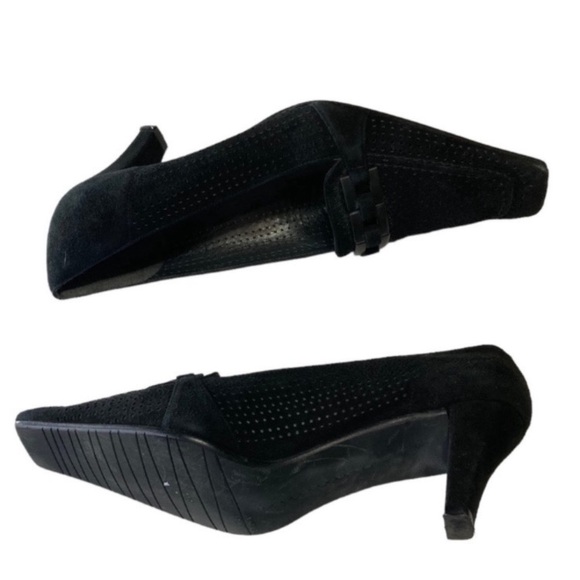 Stuart Weitzman Perforated Black Leather Square Toe Pumps Heels Size 8.5 - Picture 3 of 9